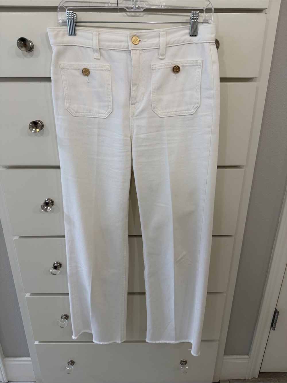 J. Crew White RELAXED DENIM BOOT Jeans with Gold Buttons